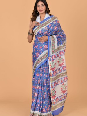 Rimi Blue Chanderi Silk Indian Floral Printed Saree Hand Block Print with Unstitched Blouse