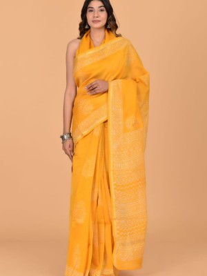 Poorva Yellow Chanderi Silk Indian Printed Saree Hand Block Print with Unstitched Blouse