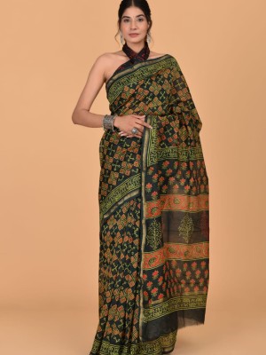 Hifza Black Green Designer Chanderi Silk Hand Block Print Saree with Unstitched Blouse Piece