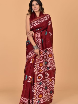 Naina Maroon Green Designer Chanderi Silk Hand Block Print Saree with Unstitched Blouse Piece