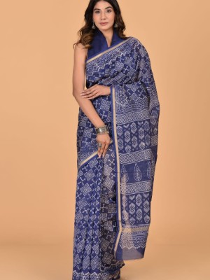 Vibha Blue Traditional Chanderi Silk Saree - Indian Hand Block Print with Unstitched Blouse