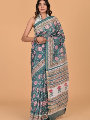 Usha Grey Traditional Chanderi Silk Saree - Indian Hand Block Floral Print with Unstitched Blouse