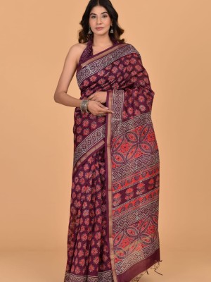 Himani Wine Traditional Chanderi Silk Saree - Indian Hand Block Floral Print with Unstitched Blouse