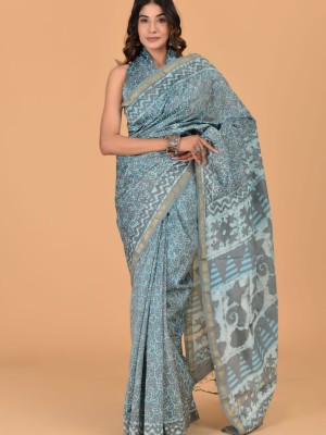 Zoya Turquoise Traditional Chanderi Silk Saree - Indian Hand Block Print with Unstitched Blouse