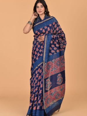 Zeenat Blue Traditional Chanderi Silk Saree - Indian Hand Block Floral Paisley Print with Unstitched Blouse