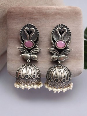 Elegant Cute Birds Indian Jhumka Silver Replica Ethnic Pearl Drops Dangler Earrings for Women