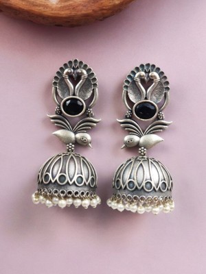 Elegant Cute Birds Indian Jhumka Silver Replica Ethnic Pearl Drops Dangler Earrings for Women