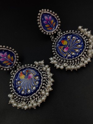 Antique Indian Artisans Hand Painted Silver Plated Boho Dangler Earring Pearl Beads Drop Gypsy Jewelry