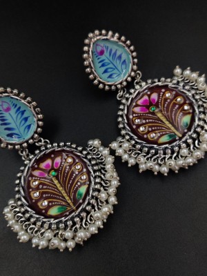 Antique Indian Artisans Hand Painted Silver Plated Boho Dangler Earring Pearl Beads Drop Gypsy Jewelry