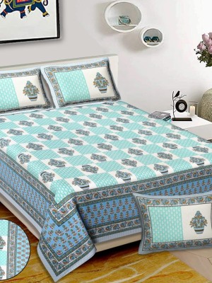 Light Blue White Floral Luxury Cotton Printed Bed Sheet with 2 Pillow Covers - for King Size Bed