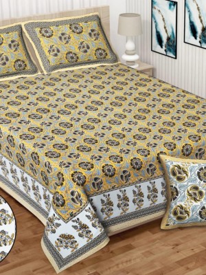 Mustard Yellow Floral Luxury Cotton Printed Bed Sheet with 2 Pillow Covers - for King Size Bed