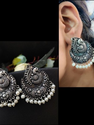 Boho Peacock Pearl Drop Stud Earring Handcrafted Oxidized Silver Plated Earrings Jewelry Gift for Her