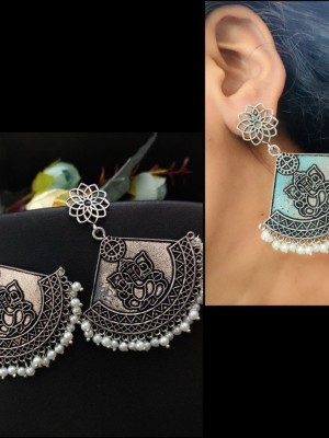 Indian Handcrafted Ganesha Pearl Drop Dangler Earring Oxidized Silver Plated Earrings Jewelry for Girls