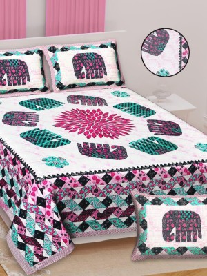 Elephant Rajasthani Jaipuri Royal Print Cotton Multi Color Printed Bed Sheet with 2 Pillow Covers - for King Size Bed