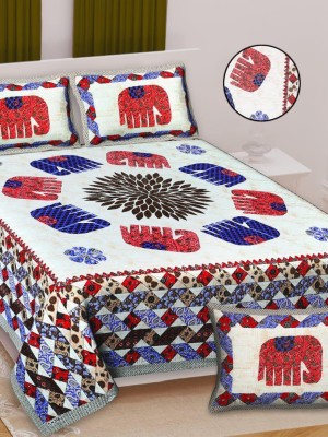 Elephant Rajasthani Jaipuri Royal Print Cotton Multi Color Printed Bed Sheet with 2 Pillow Covers - for King Size Bed