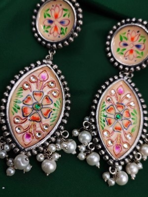 Antique Tanjore Art Hand Painted Silver Plated Dangler Earring Pearl Beads Drop Jewelry