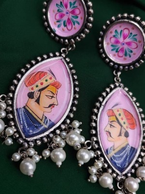 Antique Tanjore Art Hand Painted Silver Plated Dangler Earring Pearl Beads Drop Jewelry