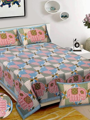 Elephant Floral Royal Print Cotton Multi Color Printed Bed Sheet with 2 Pillow Covers - for King Size Bed