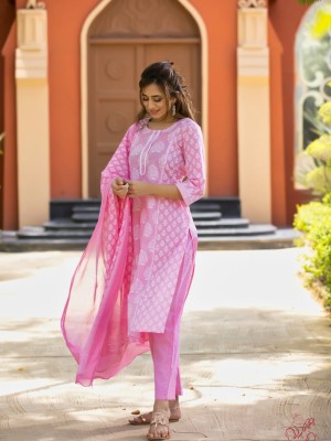 Deepa Pink Floral Printed Traditional Straight Salwar Kameez Indian Kurti Pant Dupatta Set