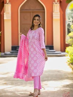 Deepa Pink Floral Printed Traditional Straight Salwar Kameez Indian Kurti Pant Dupatta Set