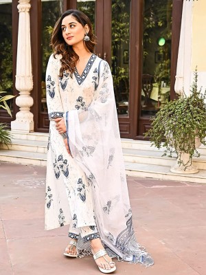 Lila White Cotton Floral Printed Straight Kurti Pant Dupatta Indian Salwar Kameez Dress