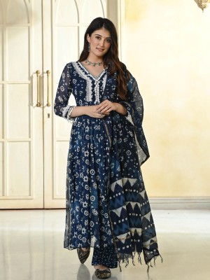 Indigo Blue Flared Frock Style Salwar Kameez Anarkali Cotton Kurti Pant Dupatta Set Dress