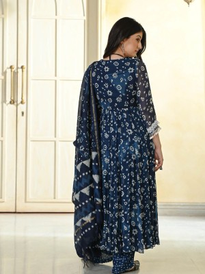 Indigo Blue Flared Frock Style Salwar Kameez Anarkali Cotton Kurti Pant Dupatta Set Dress