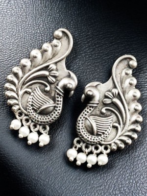 Elegant Peacock Pearl Beads Drop Designer Stud Earring Silver Oxidised Stylish Tops Earring for Women