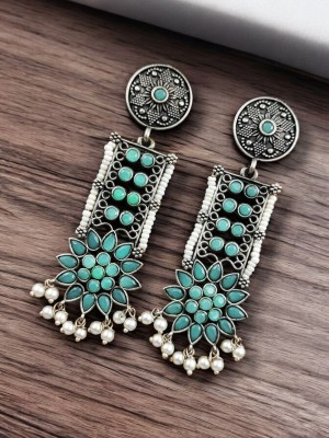 Stunning Indian Handcrafted Stone Work Dangler Earring Silver Oxidised Pearl Beads Drop Earring Set