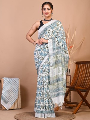 Sakshi White Color Linen Cotton Hand Block Floral Printed Saree with Unstitched Blouse Piece