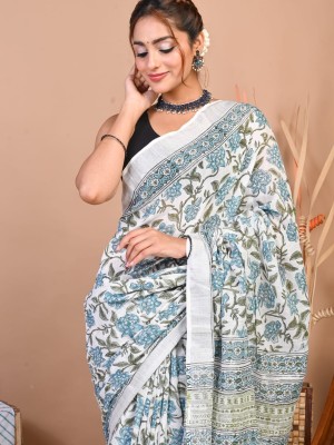 Sakshi White Color Linen Cotton Hand Block Floral Printed Saree with Unstitched Blouse Piece