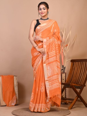 Sushma Orange Color Linen Cotton Hand Block Floral Printed Saree with Unstitched Blouse Piece