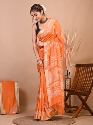 Sushma Orange Color Linen Cotton Hand Block Floral Printed Saree with Unstitched Blouse Piece