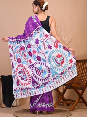 Deepali Purple Color Floral Block Printed Cotton Mulmul Mul Saree with Unstitched Blouse Piece