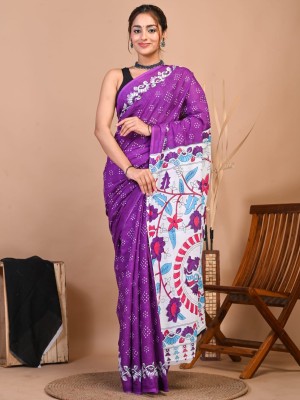 Deepali Purple Color Floral Block Printed Cotton Mulmul Mul Saree with Unstitched Blouse Piece