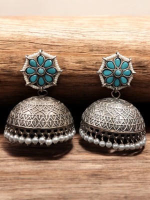 Bohemian Pakistani Jhumka Earrings Stonework Silver Replica Ethnic Pearl Drops Dangler Earrings for Girls