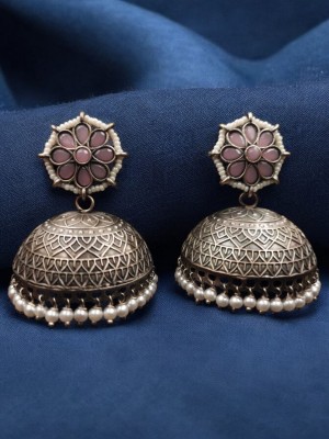 Bohemian Pakistani Jhumka Earrings Stonework Silver Replica Ethnic Pearl Drops Dangler Earrings for Girls