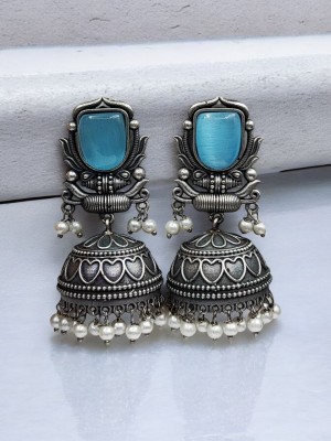 Ethnic Indian Jhumka Earrings Silver Replica Stone Work Pearl Drops Jumki Dangler Earrings for Women