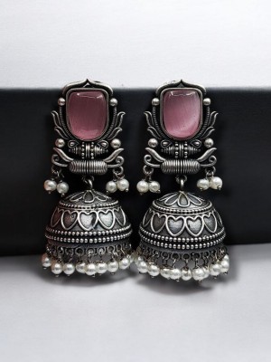 Ethnic Indian Jhumka Earrings Silver Replica Stone Work Pearl Drops Jumki Dangler Earrings for Women