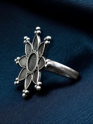 Beautiful Flower Designer Ring Silver Oxidized Brass Adjustable Free Size Finger Ring for Girls 