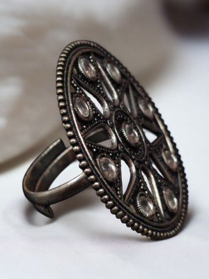 Traditional Indian Silver Oxidized Round Stonework Adjustable Free Size Brass Finger Ring for Women