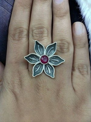 Elegant Flower Designer Ring Silver Oxidized Brass Adjustable Free Size Finger Ring for Girls