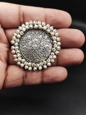 Traditional Indian Handmade Round Pearl Beaded Designer Finger Ring Silver Oxidized Brass Adjustable