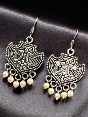 Traditional Indian Designer Peacock Silver Plated Earring Hook with Pearl Beads Drop for Girls