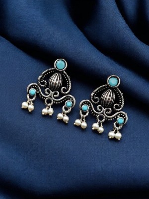 Ethnic Indian Silver-toned Oxidized Earring Affordable Stud with Pearl Beads Drop for Women