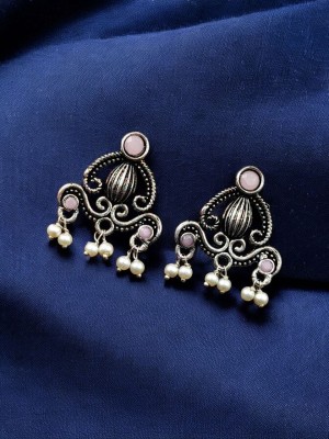 Ethnic Indian Silver-toned Oxidized Earring Affordable Stud with Pearl Beads Drop for Women