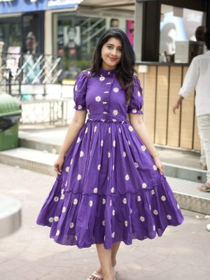 Natasha Purple Floral Embroidered Kurti Dress Half Sleeves Midi Gown for Women