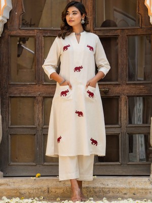 Leela Off White Indian A-Line Elephant Printed Khadi Cotton Salwar Kameez Kurti Pant Co Ord Set