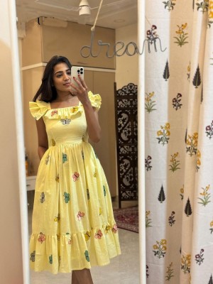 Diana Yellow Butterfly Embroidered Kurti Dress Ruffle Sleeves Midi Flare Gown for Women