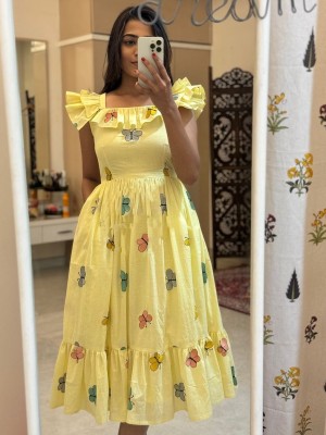 Diana Yellow Butterfly Embroidered Kurti Dress Ruffle Sleeves Midi Flare Gown for Women